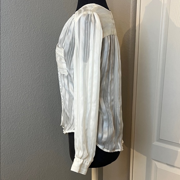 Elegant White Striped Button Up Blouse Sheer Flawed - Picture 4 of 7
